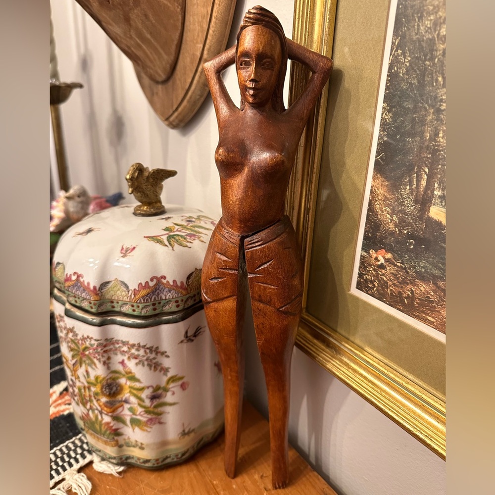 Vintage Midcentury Hand-Carved Wooden Naked Lady Nutcracker Tiki Barware
